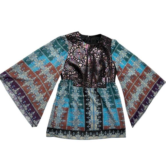 Anna Sui Blue and Black Boho Pattern Bell Sleeve Tunic Top Size 6 - Picture 1 of 8